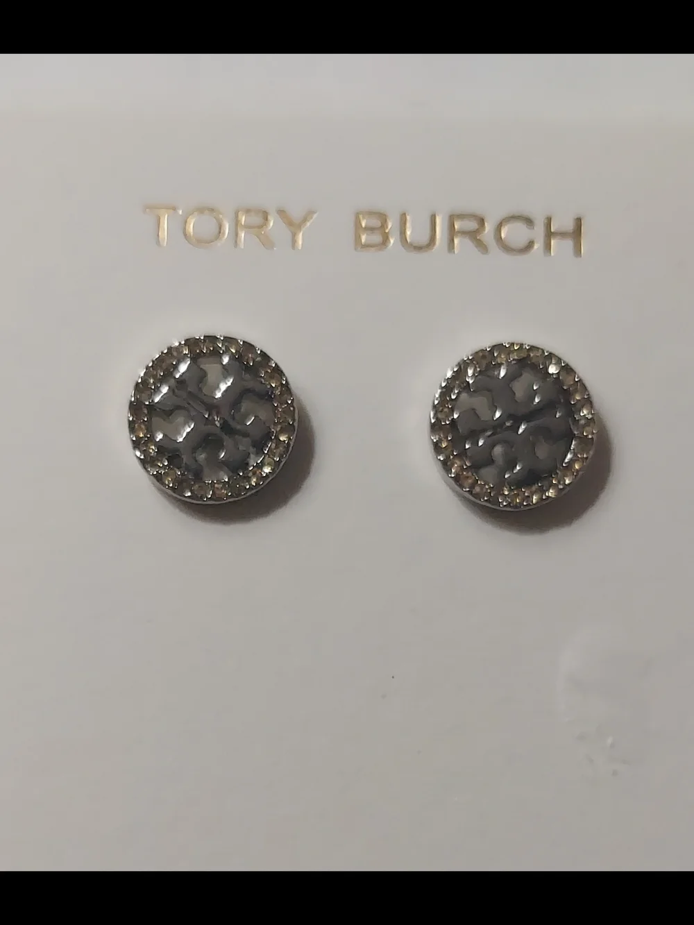 Tory Burch Silver Crystal Logo Round Stud Earrings